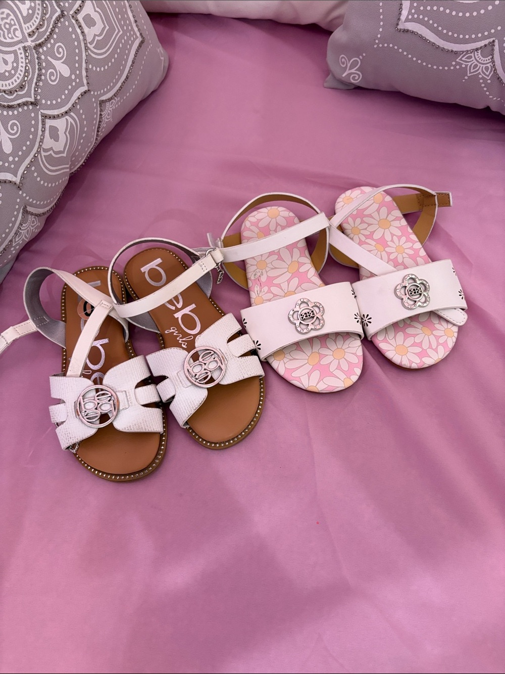 bebe Girls Pink Floral Sandals with Metallic Flower Emblems